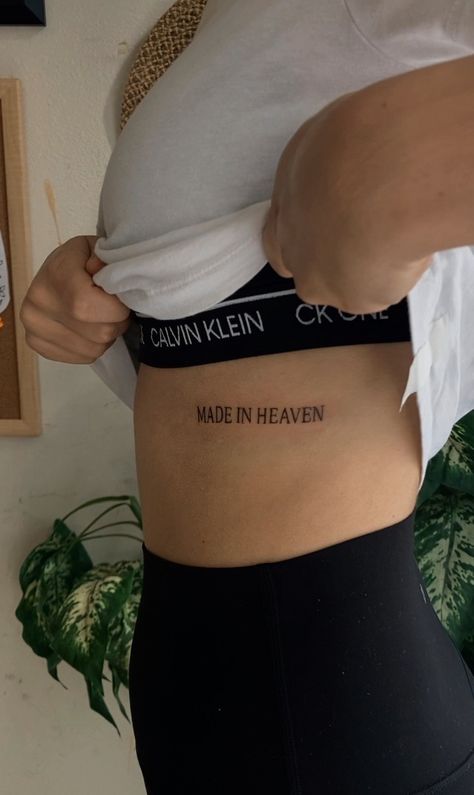 Lettering tattoo Almost Heaven Tattoo, Made In Heaven Tattoo Font, Made In Heaven Tattoo, Heaven Tattoos, Underboob Tattoo, Head Tattoo, Tattoo Font, Line Art Tattoos