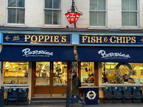 The Gram London on Instagram: “Poppies Fish & Chips @poppiesfishandchips” Poppies Fish And Chips London, Fish And Chips Aesthetic, Fish And Chip Shop, Liverpool Street, Food Hall, Fish And Chips, 60th Birthday, Poppies, Chips