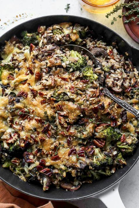 One Pan Wild Rice and Cheesy Broccoli Casserole - Dishing Out Health Broccoli Wild Rice Casserole, Rice And Broccoli Casserole, Casserole With Mushrooms, 2024 Health, Dishing Out Health, Broccoli And Cheddar, Rice And Broccoli, Cheesy Broccoli Casserole, Rice Broccoli