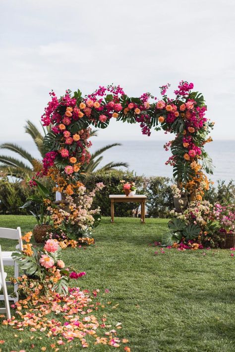 We are on the border between fainting and jumping in the air ecstatically after seeing this whimsical Bel Air wedding with a lush, tropical twist - hello, ombre floral arch! Katrina and Jesse wanted a fun party, and boy did they exceed with a whimsically colorful wedding to remember. Bay views, tile-inspired motifs, drippy bougainvillea and summer peonies - you best get ready to bookmark this page on #ruffledblog Rustic Wedding Decorations, Wedding Ceremony Ideas, Outdoor Wedding Decorations, Floral Arch, Tropical Wedding, Instagram Page, Ceremony Decorations, Outdoor Ceremony, Wedding Arch