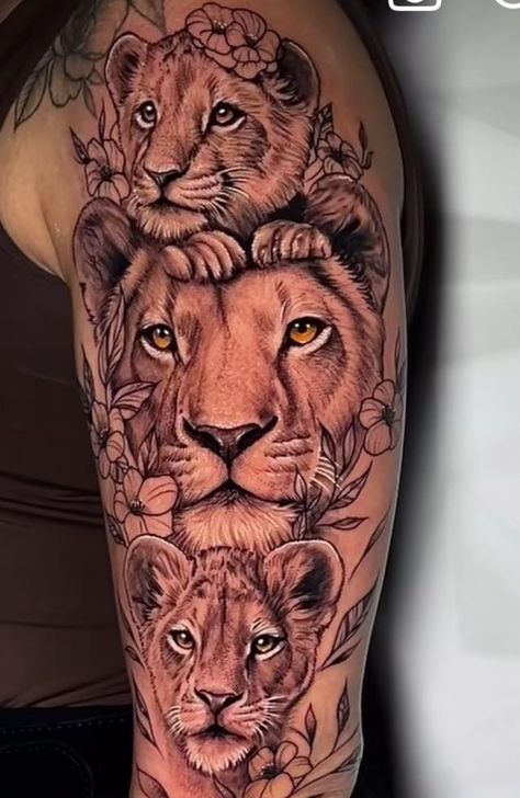 Lioness Queen Tattoo, Lion Clock Tattoo Design, Lioness And Cubs Tattoo For Women, Lion Family Tattoo For Women, Lion And Cub Tattoo, Lioness Tattoo For Women, Symmetrical Tattoo, Cool Shoulder Tattoos, Lioness Tattoo