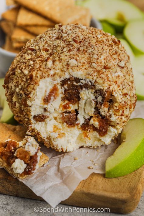 Make this cozy Pecan Cheese Ball recipe for a classic appetizer that always pleases! It is a mixture of savory and sweet flavors. Sometimes called pecan candy, it is gooey and delish, and it is easy to make from scratch. Try variations like bacon, apple, or cranberry for something different. Serve with graham crackers or Nilla wafers for the ultimate treat!  #pecancheeseball #spendwithpennies #recipes #holidays Spendwithpennies Recipes, Caramel Apple Dippers, Cheeseball Recipes, Pecan Cheese Ball, Gooey Pecan Pie, Pecan Candy, Cheese Ball Dip, Dessert Cheese Ball, Cream Cheese Spread Recipes