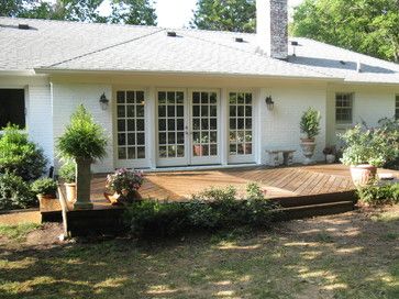 french doors + deck (ranch style house) - this is a good example of what I want across the back of house French Door To Deck, Door To Deck, French Doors To Deck, Patio Addition, Door Decks, Ranch House Remodel, Patio Steps, Ranch Remodel, Ranch Style House