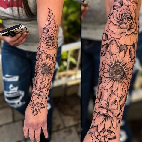 Steeve Savard | #pepax #pepaxcartridges #pepaxlance @pepax.official | Instagram Half Sleeve Rose Tattoo, Tatuaje Cover Up, Tattoo Sleeve Ideas, Shoulder Sleeve Tattoos, Sunflower Tattoo Sleeve, Arm Sleeve Tattoos For Women, Stomach Tattoos Women, Tattoo 2024, Tattoo Time