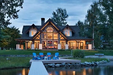 Timber frame Okanogan Residence - Hawksbury Floor Plan *** This view of the back of the cabin is EXACTLY what I want. Timber Frame Cottage, Lake Ideas, Timber Frame Home, Frame Cabin, Timber Frame Homes, Log Cabin Homes, Timber House, Cabin In The Woods, Timber Framing