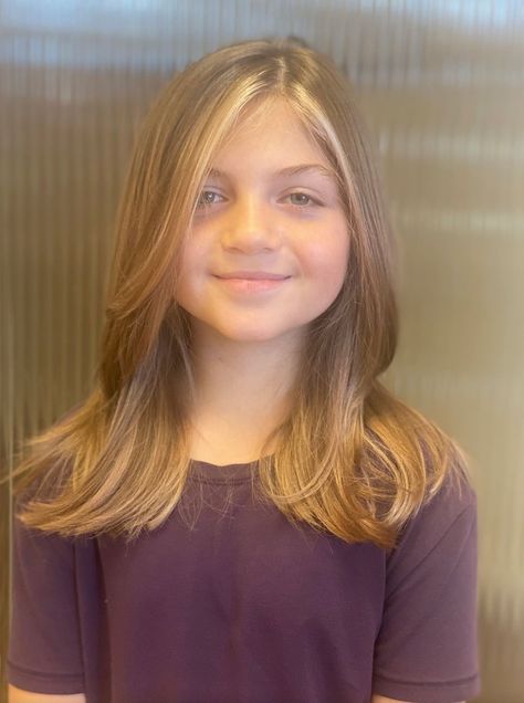 Face framing highlights for this little princess, created by Stylist Mireya. Reserve today: 239.458.2704 or Book Online Layered Hair For Girls Kids, Kids Face Frame Haircut, Haircuts For Kids Girls Medium Length, Girl Layered Haircut Kids, Girls Haircut Styles, Curtain Bangs For Kids, Girls Medium Haircut Kids, Kids Layered Haircut, Kids Curtain Bangs