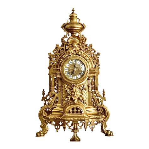 This luxurious vintage mantle clock brings a touch of elegance to any living room, lounge, or hallway. Made in Italy of heavy brass . This clock features Roman numerals, a beautiful gold color, and a Baroque/Rococo style that adds a touch of novelty to any space.  Chairish sells clocks only with display as the intended use. The mechanical elements are not guaranteed to be in working order by Chairish. Old Clocks Vintage, Vintage Mantle Clocks, Vintage Mantel Clock, Modern Wall Clock Design, Vintage Mantle, Rococo Interior, Antique Wall Clocks, Colorful Wall Clocks, Big Clock