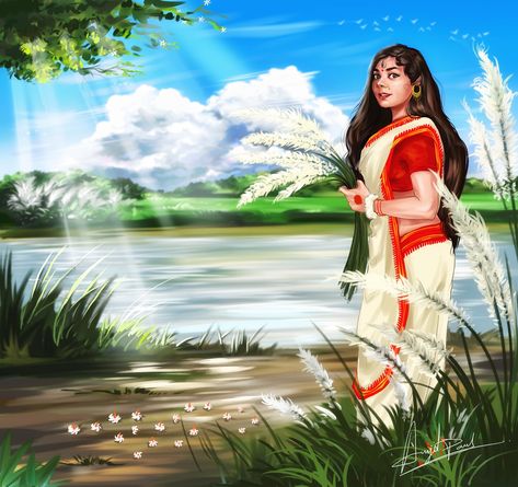 Durga Puja Scenery Drawing, Durga Painting Artworks, Bengali Art Paintings, Acrylic Scenery, Digital Painting In Photoshop, Durga Face, Bengal Art, Saraswati Painting, Painting In Photoshop