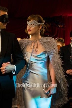 Anastasia Steele Dress Silver, Anastasia Steele Masquerade, Silver Masquerade Dress, Anastasia Steele Dress, Mascarade Ball Outfit, Darker Outfits, Anastasia Steele Outfits, Masquerade Party Outfit, Silver Satin Dress