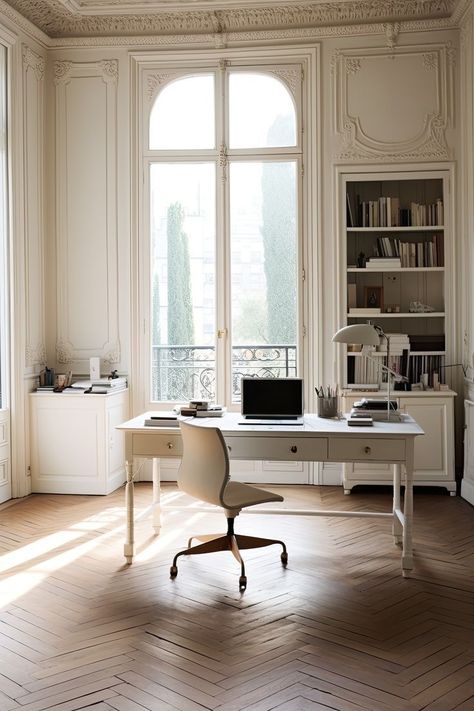 French Home Office Ideas, French Office Style, French Office Decor, Parisian Library, Parisian Home Office, French Style Office, French Country Office, Parisian Office, French Countryside Home