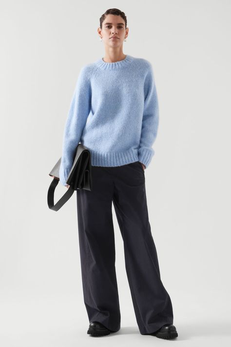 RELAXED-FIT KNITTED JUMPER - LIGHT BLUE - Jumpers - COS US Light Blue Jumper Outfit, Light Blue Knit Sweater Outfits, Light Blue Sweater Outfit, Blue Jumper Outfit, Wool Sweater Outfit, Knitted Jumper Outfit, Light Blue Jumper, Blue Jumpers, Blue Sweater Outfit