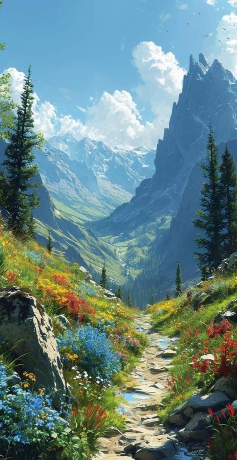 Mountain Background Drawing, Mountain Scenery Drawing, Anime Landscape Wallpaper, Landscape Art Painting, Samos, Art Gallery Wallpaper, Fantasy Setting, Fantasy Art Landscapes, Landscape Illustration