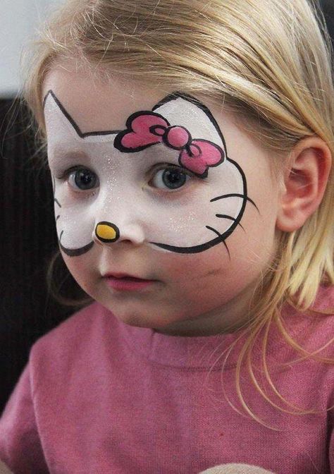 #Hello Kitty Face Painting. Cool Face Painting Ideas For… Obličejové Masky, Kitty Face Paint, Diy Nails Easy, Halloween Makeup Clown, Girl Face Painting, Halloween Nails Diy, Halloween Fest, Face Painting Easy, Kids Face Paint