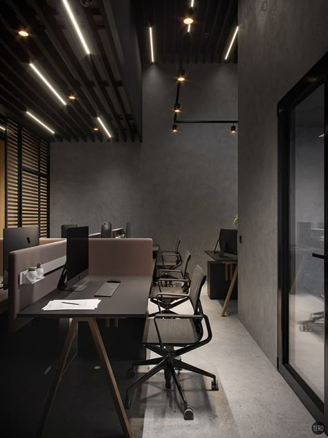 Office Interior Design Dark, It Company Interior, Dark Theme Office, Office Decor Simple, Production Company Office, Black Office Design Interiors, Black Office Ceiling, Office Company, It Company Office