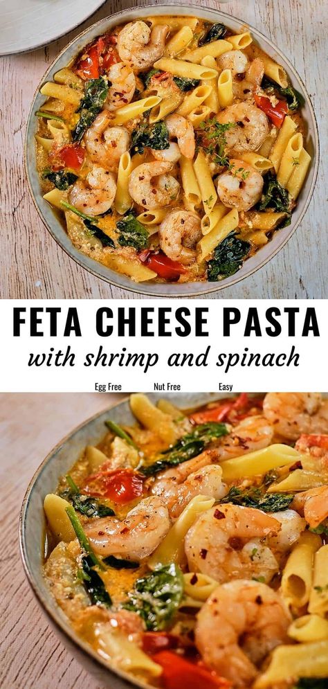 Pasta With Shrimp And Spinach, Feta Cheese Recipes Pasta, Feta Cheese Pasta, Pasta With Feta Cheese, Shrimp And Spinach, Tiktok Pasta, Cheese Pasta Bake, Spinach Pasta Recipes, Pasta With Shrimp