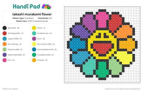 Bloom with happiness with this vibrant 'takashi murakami flower' Perler bead pattern! Inspired by the iconic flower motifs of Japanese artist Takashi Murakami, this design radiates joy and positivity. Featuring a cheerful smiley face surrounded by a colorful rainbow of flowers, this design is perfect for adding a touch of happiness and sunshine to your kandi collection. Murakami Flower Pixel Art, Rainbow Flower With Smiley Face, Rainbow Perler Bead Patterns, Flower Perler Bead Patterns, Perler Bead Flowers, Takashi Flower, Kandi Collection, Takashi Murakami Flower, Melty Bead Designs