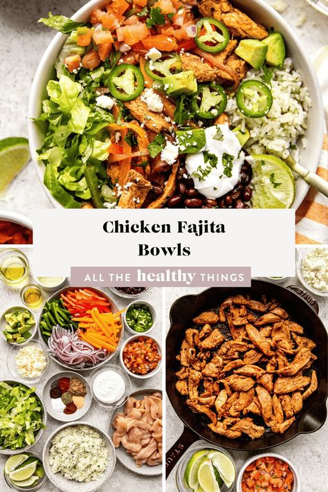 This Chicken Fajita Bowl recipe is packed with fresh veggies, tender chicken, and all the perfect blend of spices. Served with rice, lettuce, and a variety of toppings, it’s perfect for a high-protein lunch or dinner that’s even tastier than takeout! High Protein Chicken Fajitas, Healthy Winter Lunch Recipes, High Protein Fajita Bowl, Pomegranate Desserts, Pepper Tacos, Fajita Bowl Recipe, All The Healthy Things, Meal Bowls, Fajita Bowl