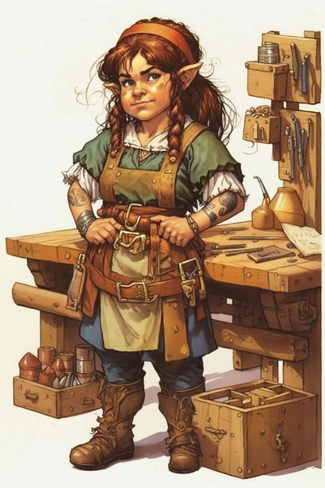 Halfling Artificer Female, Rock Gnome Dnd Female, Gnome Female Dnd, Female Gnome Dnd, Female Gnome Character Art, Rock Gnome Dnd, Forest Gnome Dnd Female, Dnd Gnome Art, Dnd Halfling Female