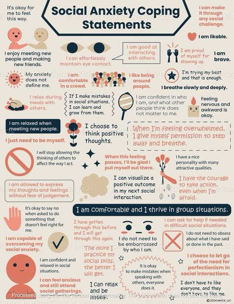 When coping with social anxiety, clients often use coping statements or sayings to help manage their intense feelings. These statements are positive affirmations or pep talks that help counter negative thoughts in situations they find challenging, such as meeting new people, attending gatherings, or speaking in front of others. The Social Anxiety Coping Statements handout features thoughtful and empowering statements specifically tailored to help overcome the challenges of social anxiety. Some of these statements are "I am brave," “I am likeable," and "I am proud of myself for showing up." By using this handout, kids and teens can attain peace of mind while socializing and avoid feeling isolated. Parents and caregivers may offer support by teaching them relaxation exercises in social setti Spices Chart, Coping Statements, School Counseling Bulletin Boards, I Statements, Counseling Bulletin Boards, Healing Spices, I Am Proud Of Myself, Coping Skills Worksheets, Anger Management Worksheets