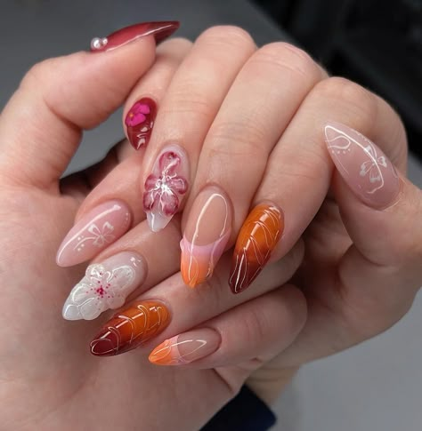 Burnt Orange ｡ 🌺 Mainly a recreation from @nailsbyelisee on Medium Almond Gel-X 3D flowers made with YOGO KK clear @kiokonailsupply shop Korean supplies with code JANET to save $$ 💗 #nailinspo #naildesign #gelxinspo #vancouvernails #3dflowernails #flowernails #springnails #nails2inspire #trendynails 3d Orange Nails, Korean Supplies, Orange Trendy Nails, Nail Design Orange, Nail Inspo Orange, Nails Design Orange, Orange Flower Nails, Orange Nail Design, Orange Nail