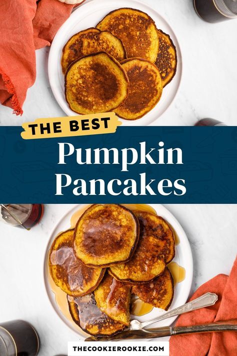 These easy to make Pumpkin Pancakes are my favorite way to start a fall morning! Soft and fluffy homemade pancakes are made with the perfect amount of pumpkin puree, and a medley of warm fall spices like cinnamon and nutmeg. They’re fall flavored, have the best consistency, and pair perfectly with a drizzle of sweet maple syrup! Pop over to my site for the recipe! | breakfast and brunch | pumpkin recipes | easy snacks | fall recipes | Fluffy Homemade Pancakes, Pumpkin Pancakes Easy, Homemade Pancakes Fluffy, Pumpkin Pancake, Pumpkin Breakfast Recipes, Pumpkin Puree Recipes, Pumpkin Spice Pancakes, Freeze Pancakes, Pumpkin Pancake Recipe