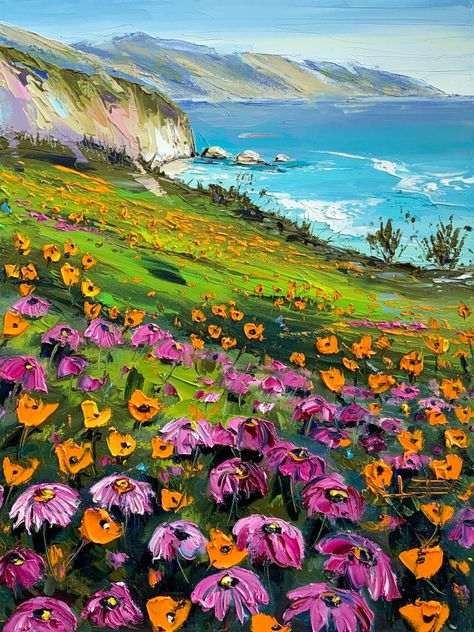 California Poppies, Monterey California, Palette Knife Painting, Knife Painting, Arte Inspo, California Beach, Beginner Painting, Colorful Landscape, Jolie Photo