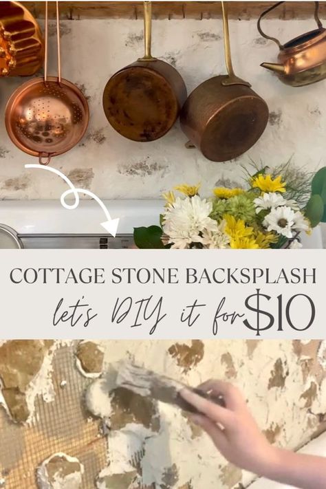 REAL stone backsplash for just $10! Lots of tips include in this tutorial, you wont want to miss it! Please feel free to visit thehinterlands.net for many more budget friendly Cottage style DIYs and Renos! Cheers! Diy Kitchen Backsplash Cheap, Diy Stone Backsplash, Backsplash Cheap, Backsplash Diy, Stone Backsplash Kitchen, Diy Kitchen Backsplash, Stone Backsplash, Shabby Chic Kitchen, Chic Kitchen