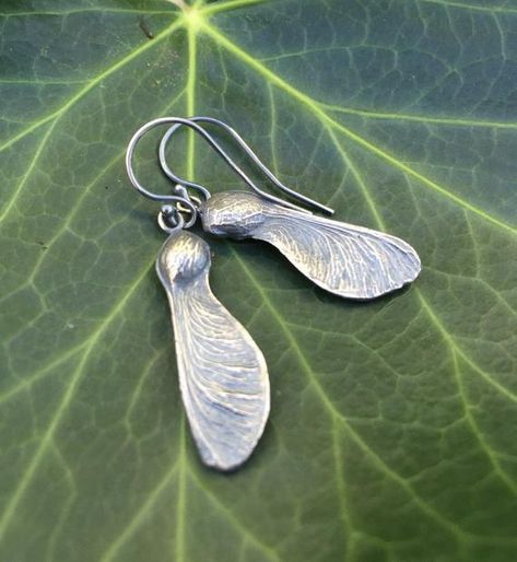 Silver Clay Earrings Ideas, Silver Clay Jewelry Ideas, Silver Clay Jewellery, Sycamore Seed, Leaf Earrings Silver, Natural Earrings, Unique Sterling Silver Jewelry, Silver Leaf Earrings, Girls Choker