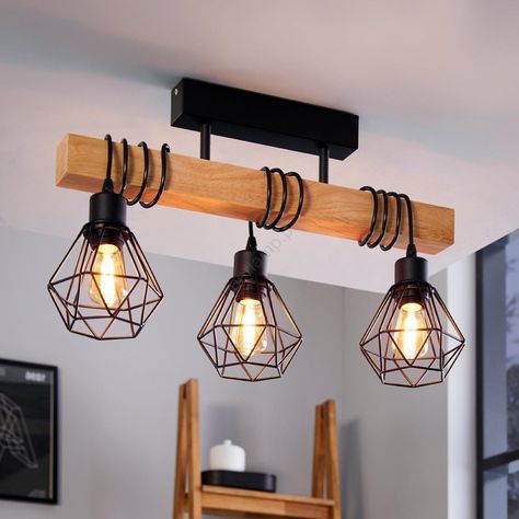 Boho Bedroom Ideas Bohemian, Cage Ceiling Light, Wood Ceiling Lights, Nordic Pendant Light, Boho Bedroom Ideas Hippie, Industrial Ceiling Lights, Bulkhead Lights, Industrial Interiors, Wooden Beams