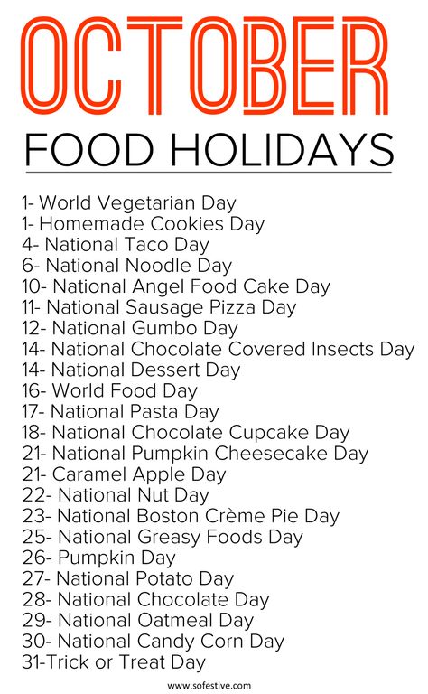 October Food Holidays National Food Day Calendar, Monthly Holidays, National Holiday Calendar, October Food, Silly Holidays, National Dessert Day, World Vegetarian Day, Monthly Celebration, Food Holidays