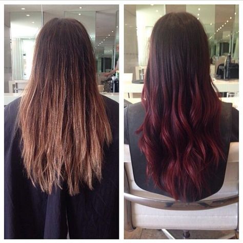 Deep Red Ombre Hair, Ombre Hair Red And Brown, Wine Red Ombre Hair, Red To Blonde Ombre Hair Balayage, Brown To Burgundy Hair Ombre, Brown To Red Ombre Hair, Cherry Bombre, Brown To Blonde Ombre Hair, Brown To Red Ombre