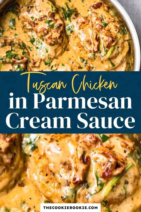 Succulent Tuscan Chicken in a dreamy, creamy Parmesan sauce. This delightful dish is packed with spinach, sun-dried tomatoes, garlic and loaded with flavor! Thanks to @danishcreamery European Style Butter, this buttery parmesan cream sauce is so amazing, you’ll be making this time and time again. Tuscan Chicken Recipe, Creamy Parmesan Sauce, Creamy Chicken Enchiladas, Parmesan Cream Sauce, Creamy Parmesan, Tuscan Chicken, Parmesan Sauce, Chicken Main Dishes, Chicken Dishes Recipes