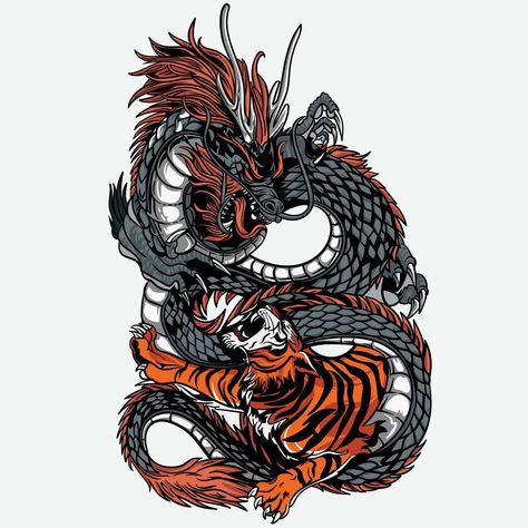 Dragon Vs Tiger Illustration Tiger Vs Dragon, Tigre Y Dragon, Tiger Sketch, Dragon Sleeve, Tiger Illustration, Dragon Tattoo, The Dragon, Pin Collection, Japanese Art