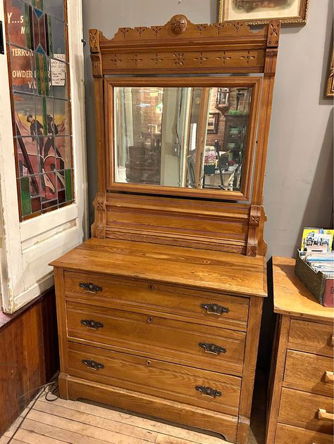 Antique Oak Eastlake Dresser with Beveled Mirror Eastlake Dresser, Oak Dresser, Beveled Mirror, Beveled Glass, Glass Mirror, Wood Carving, Dresser, Carving, Mirror