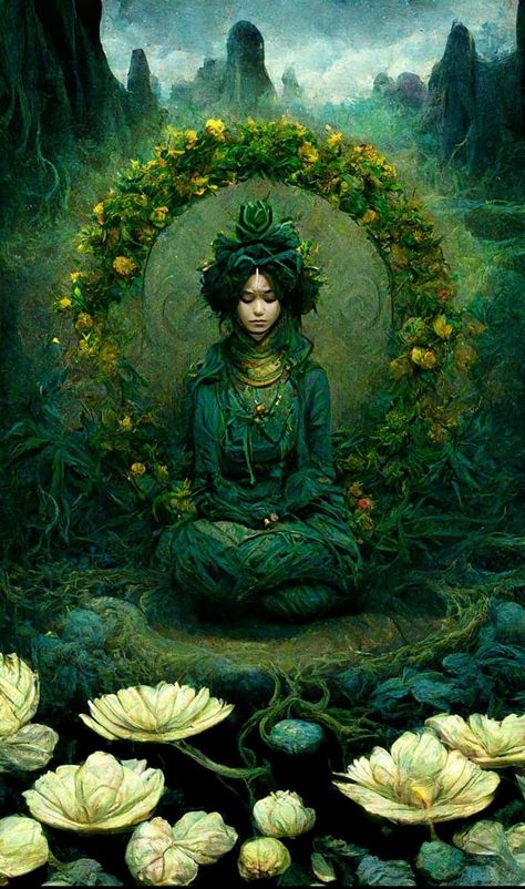 Tara, whose name means “star” or “she who ferries across,” is a Bodhisattva of compassion. In Tibetan, Tara is known as “Dölma” (Sgrol-ma), or “She Who Saves.” In particular she represents compassion in action, since she’s in the process of stepping from her lotus throne in order to help sentient beings. Green Tara Art, Green Tara Goddesses, Goddess Tara, Buddhism Wallpaper, Tara Goddess, Sentient Beings, Kali Ma, Nature Goddess, Divine Goddess