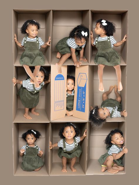 Cardboard Box Kids Photoshoot, Baby In Box Photoshoot, Box Photoshoot Diy, Cardboard Box Photoshoot, In The Box Photoshoot, Quilt Photoshoot, Cardboard Boxes Kids, Box Photoshoot, Girl In The Box