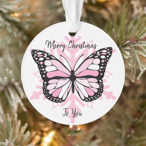 Pink Butterfly on a Snowflake Christmas Ornament Christmas Butterfly, Butterfly Christmas, Butterfly Ornaments, Bazaar Ideas, Canvas Painting Diy, Merry Christmas To You, Snowflake Christmas, Engagement Ideas, Purple Butterfly