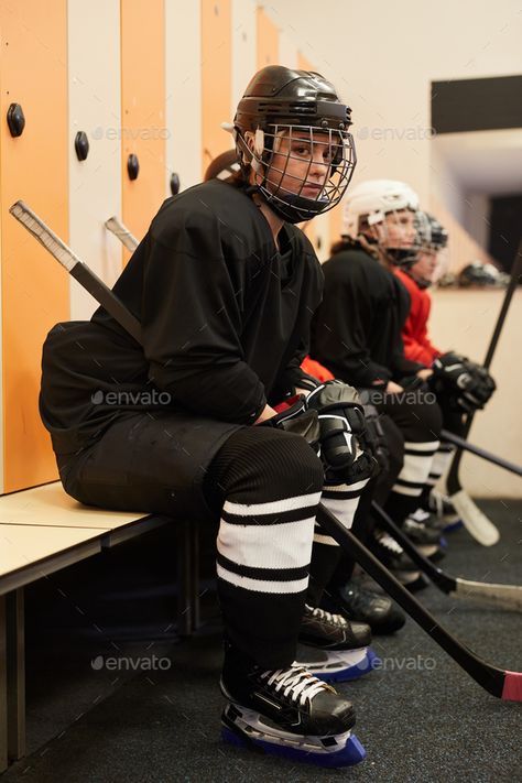 Female Hockey Team Before Match by seventyfourimages. Side view portrait of female hockey team sitting in row while preparing for match in locker room, copy space #Affiliate #view, #Side, #female, #portrait Side View Portrait, Hinged Knee Brace, Hockey Sweater, Knee Compression Sleeve, Heavy Weight Lifting, Hockey Girls, Hockey Goalie, Hockey Games, Knee Support