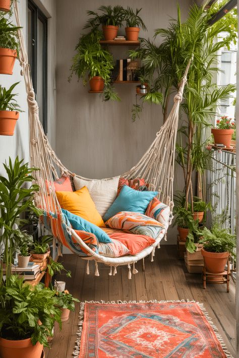 Balcony Swing Ideas, Patio Interior Pequeño, Garden Apartment Ideas, Mini Balcony Ideas, Terasa Ideas, Boho Terrace, Deck Aesthetic, Modern Balcony Design, Balcony Swing