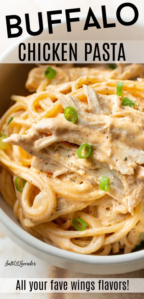 This easy cheesy buffalo chicken pasta is loaded with your favorite hot wings flavors! This stovetop recipe has the best creamy sauce with plenty of Frank's, ranch seasoning, and cheese. Leftover Rotisserie Chicken Recipes Pasta Easy Meals, Leftover Rotisserie Chicken Recipes Pasta Alfredo Sauce, Buffalo Chicken Ravioli Recipe, Buffalo Chicken Ravioli Sauce, Dinner Rotisserie Chicken Meal Ideas, Rotissiere Chicken Recipe, Leftover Rotisserie Chicken Recipe, Dishes With Rotisserie Chicken, Easy Recipes With Rotisserie Chicken