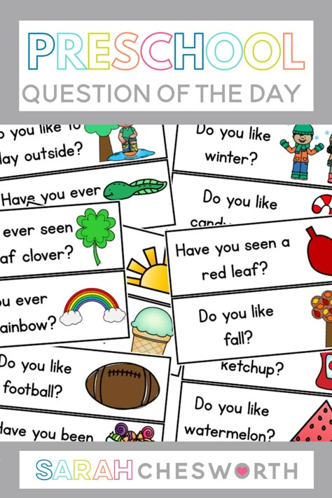 These preschool question of the day cards will make your morning routine meaningful and fun for students! These printable cards can be used in a pocket chart. Students will use their own name cards each day to answer the question. This post has tons of question ideas and information for getting started with this classroom routine! Questions For Circle Time, Preschool Check In Ideas Classroom, Yes No Questions For Preschoolers, Transitions In The Classroom Preschool, Preschool Daily Questions, Easter Question Of The Day Preschool, Preschool Morning Questions, Prek Question Of The Day, Beginning The Year Preschool Activities