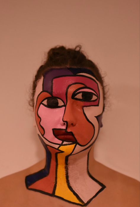 Picasso Halloween Costume, Picasso Face Painting, Picasso Makeup, Makeup Inspired By Famous Paintings, Picasso Makeup Faces, Abstract Face Painting Makeup, German Expressionism Makeup, Picasso Face Mask, Creepy Clown Makeup