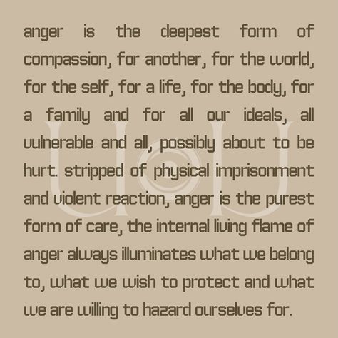 ANGER is the deepest form of compassion, for another, for the world, for the self, for a life, for the body, for a family and for all our ideals, all vulnerable and all, possibly about to be hurt. Stripped of physical imprisonment and violent reaction, anger is the purest form of care, the internal living flame of anger always illuminates what we belong to, what we wish to protect and what we are willing to hazard ourselves for. What we usually call anger is only what is left of its essence w... All This Anger Was Once Love, Anger Release, Righteous Anger, Pure Form, The Pure, Anger, A Family, Physics, Poetry