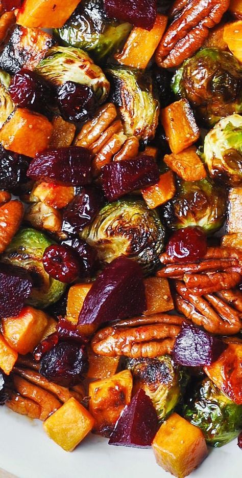 close-up of Roasted Butternut Squash, Brussels sprouts, Beets, Pecans, and Cranberries Winter Vegetable Salad, Salad With Roasted Butternut Squash, Winter Vegetable, Roasted Vegetable Recipes, Beet Recipes, Winter Vegetables, Sprout Recipes, Veggie Side Dishes, Roasted Butternut