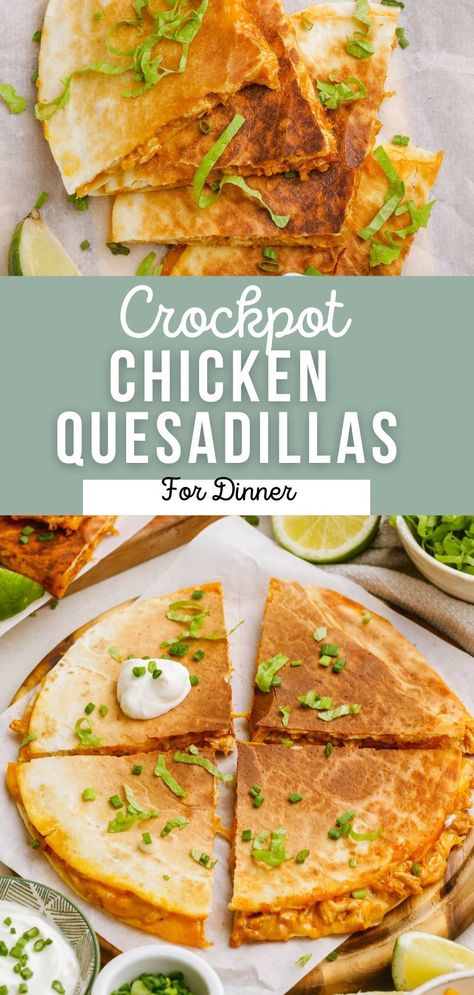 These irresistible Chicken Quesadillas are loaded with delicious shredded chicken taco meat (made in the crockpot), loads of cheese and a secret ingredient that will blow your mind! They are the perfect appetizer, easy lunch or even dinner! Shredded Chicken Taco Meat, Chicken Taco Meat, Chicken Quesadillas Recipe, Chicken Quesadilla Recipe, Shredded Chicken Tacos, Chicken Taco, Quesadilla Recipes, Grilled Onions, Chicken Quesadillas