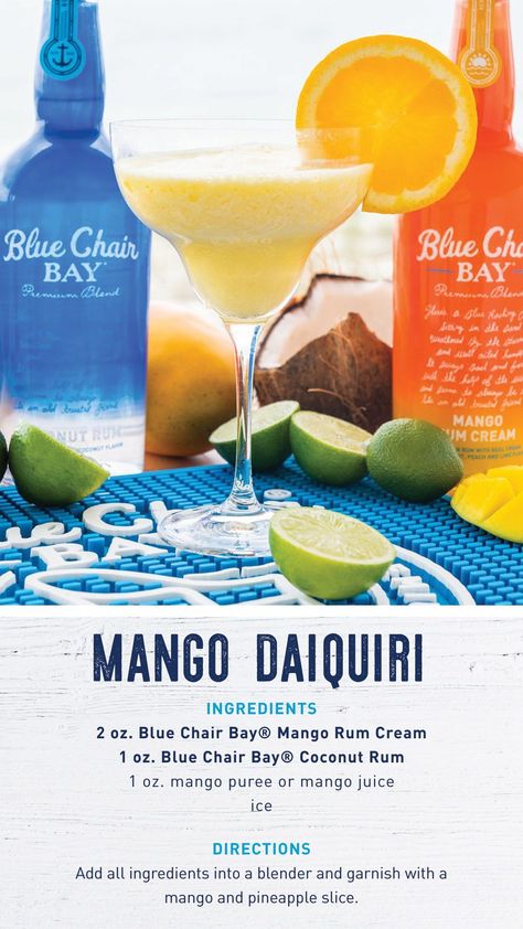 Sip back and relax with this delicious frozen mango daiquiri. Make this rum cocktail your summer drink. This drink requires few ingredients making it easy to make. It uses mango rum cream, coconut rum, and mango puree. Enjoy is at the beach or by the pool. Click here for the full recipe. #bluechairbay #BCBHappyHour #mangorumcream #summercocktail #rumcocktail #rum #rumcream #drinkrecipe Key Lime Rum Cream, Mango Daiquiri, Mango Rum, Island Gyal, Banana Rum, Rum Cocktail Recipes, Specialty Drinks, Alcholic Drinks, Rum Cream