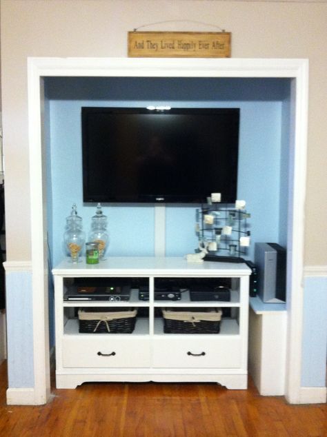 Dresser into a tv unit and a closet into a entertainment unit. I was able to do this in just a weekend! Closet Turned Into Tv Space, Closet Into Entertainment Center, Tv In Closet Ideas Small Spaces, Closet Turned Tv Center, Tv Inside Closet, Tv In A Closet, Closet Tv Ideas, Tv In Closet Ideas, Tv In Closet Ideas Bedrooms