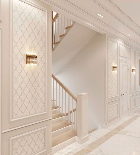 Modern Wall Moulding Design, Stairs Wall Design, Window Layout, Sitting Room Interior Design, درج السلم, Mirror Interior Design, Wall Moulding, Interior Ceiling Design, House Wall Design