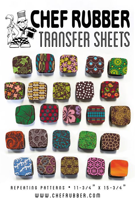 Enhance your creations with bright, bold fun cocoa butter designs that can be transferred to chocolates, pastry decorations, gelato, and so much more.  Find hundreds of transfer sheet designs on our website. Don't see what you need? Contact us for custom designs! Chocolate Transfer Sheets Ideas, Chocolate Making Process, Chocolate Design Ideas, How To Paint Chocolate Molds, Transfer Sheets Chocolate, Chocolate Baroque Stamps, Imported Chocolates, Healthy Gummies, Baking Store