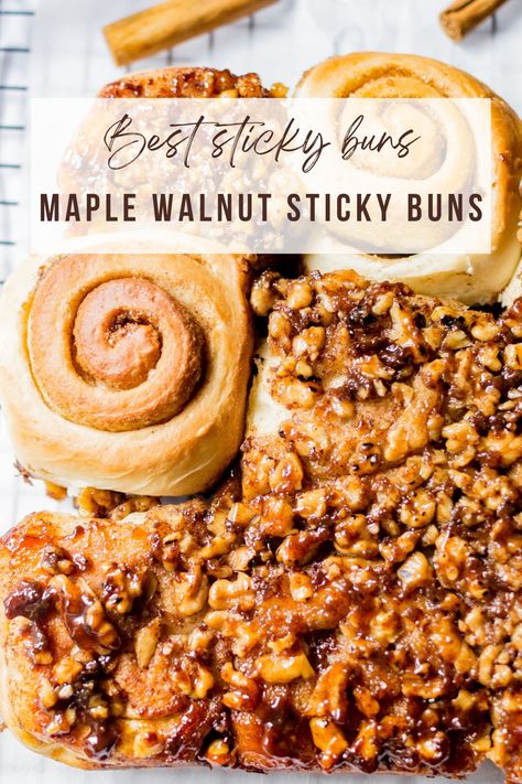 Best maple walnut sticky buns Desserts Made With Maple Syrup, Best Sticky Buns Recipe, Brunch Dessert Recipes, Walnut Sticky Buns, Best Sticky Buns, Maple Sticky Buns, Best Homemade Cinnamon Rolls, Sticky Buns Recipe, Desserts For Fall